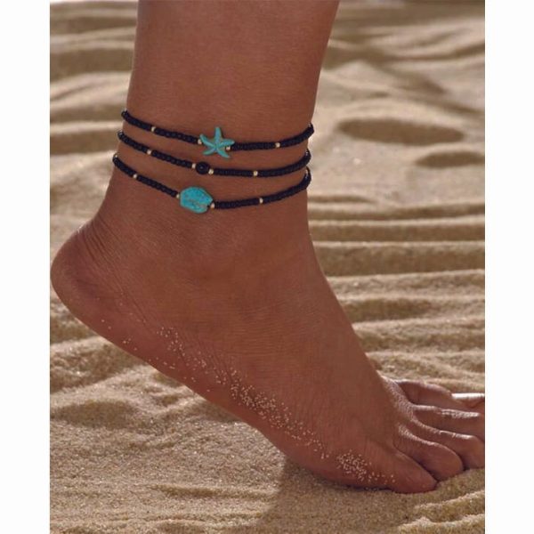 Turquoise & Starfish Beaded Anklet 3 pieces Hot on Sale