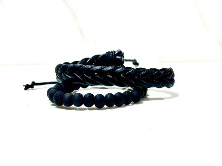 Men Bracelet set of 2-Beads and leather braid Supply